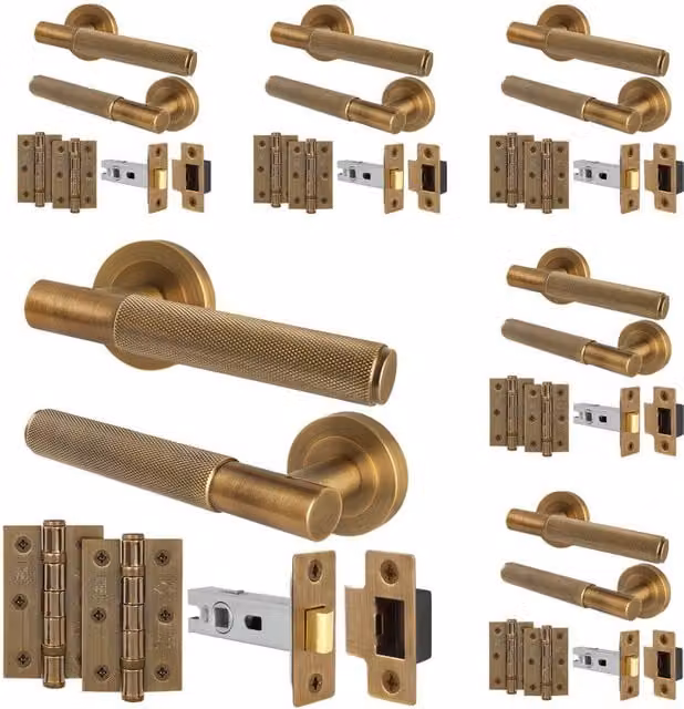 AFIT Antique Brass Knurled Lever Handles with Rose, Latch and Hinges, Bronze, 6 Pairs, Rosette Diameter: 100 mm – 1