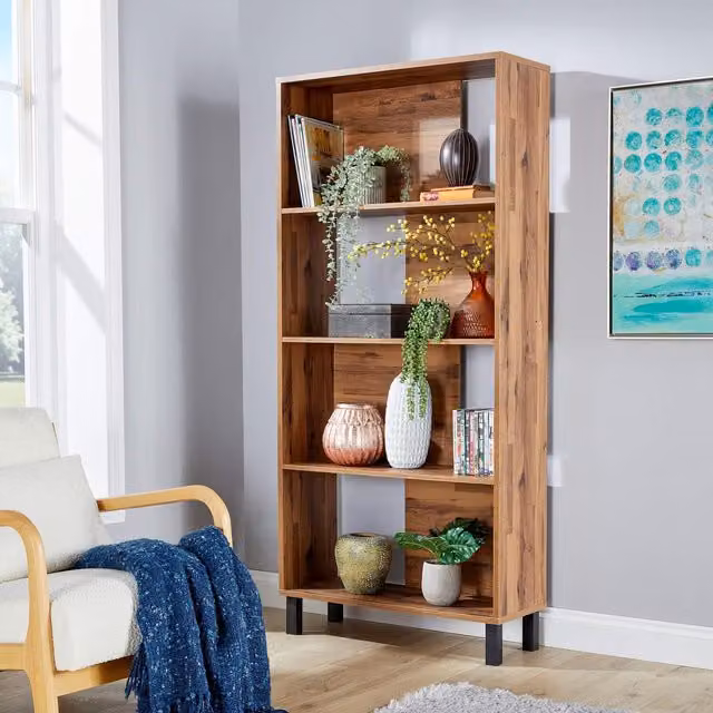 Home Source Newton 4 Tier Modern Industrial Bookcase Shelving Unit in Oak Effect Brown