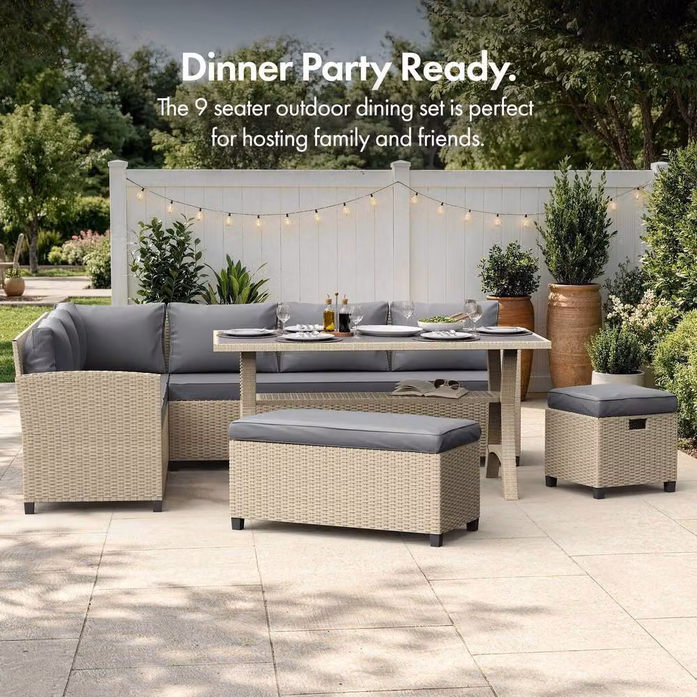 VonHaus Kos 9 Seater Rattan Garden Furniture Dining Set in Grey – 3