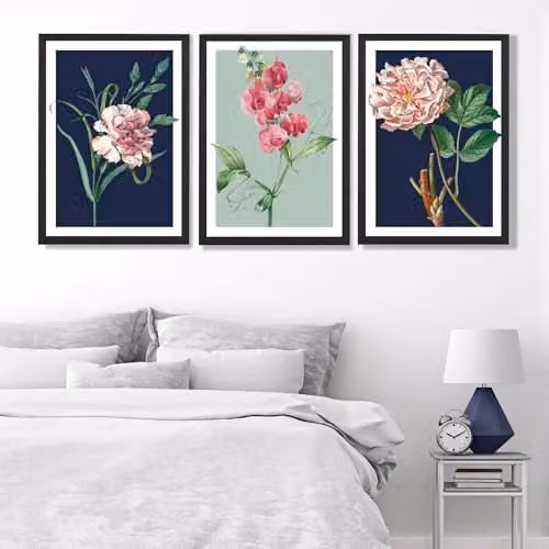 ARTZE Set of 3 Vintage Floral Botanical Paper Posters in Blue and Green, W: 42 cm x H: 59 cm