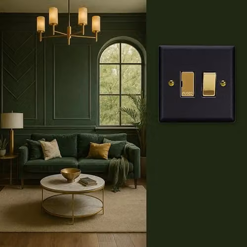 Varilight Vogue Collection 1-Gang Switched Fused Spur in Matt Black with Brass Insert – 2