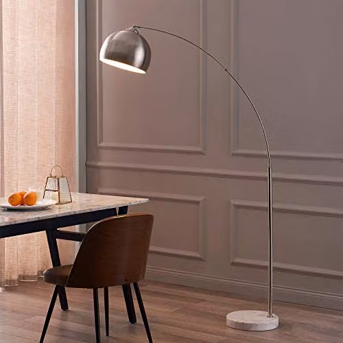Teamson Home Arquer Arc Floor Lamp with Faux White Marble Base and Silver Nickel Bell Shade, Height: 173 cm – 2