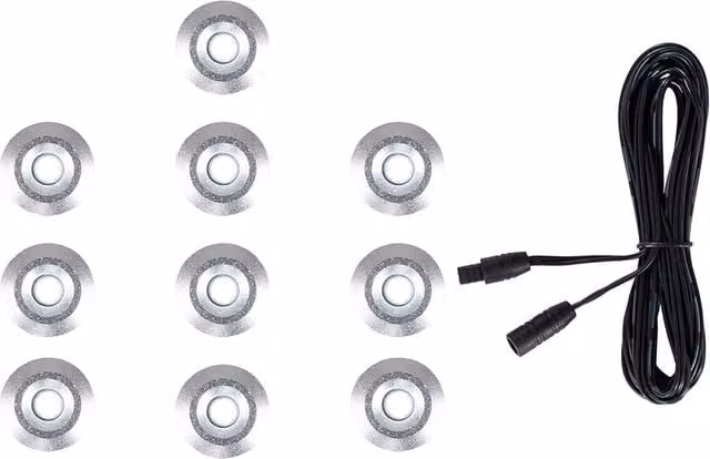 ValueLights 10 Pack Silver Stainless Steel LED Outdoor Decking Lights with 15mm White Extension