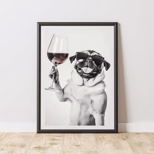 60 Second Makeover Funny Pug Drinking Wine Paper Poster, Black and White, A3
