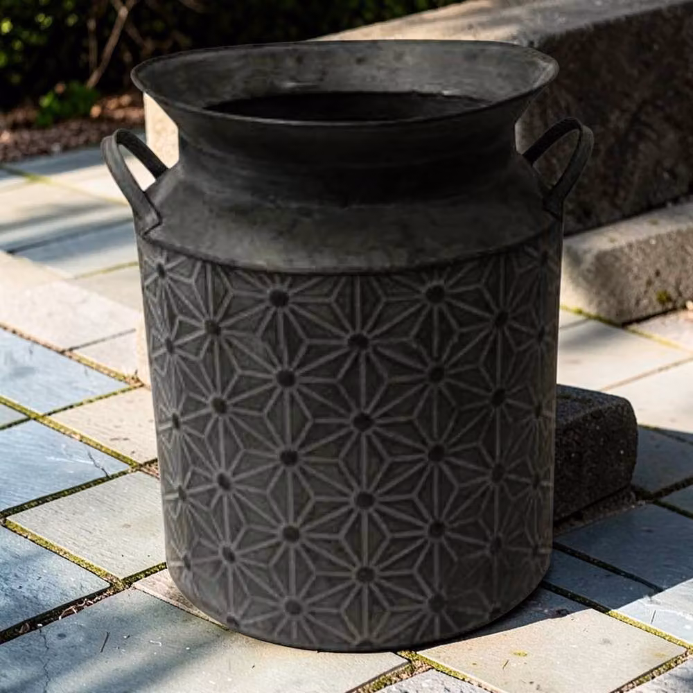 Four Candle Vintage Zinc Churn Vase with Embossed Floral Daisy Design in Grey – 2