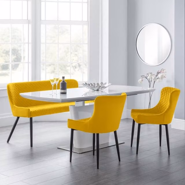 Julian Bowen Como White High Gloss Extendable Rectangular Dining Table with Luxe Bench and Chairs Set in Yellow
