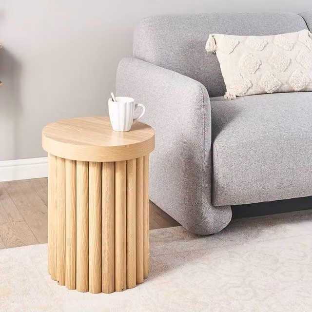 Wyld and Coco Light Brown Round Side Table with Ribbed Cylindrical Base, W/D/H: 40 x 40 x 49 cm – 1