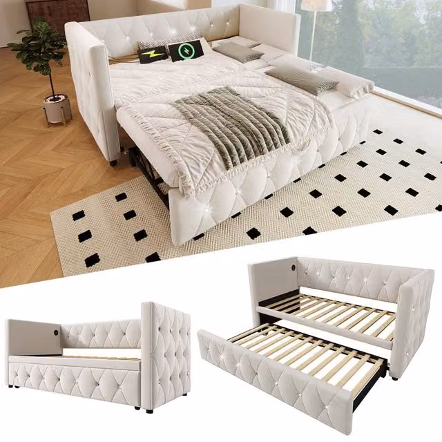 ModernLuxe Single Upholstered Velvet Daybed with Pull Out Trundle and Lift Up Base in Beige, W/D/H: 190 x 90 x 76 cm – 1