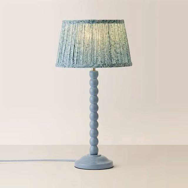ValueLights Bobbins Pastel Table Lamp with Pleated Fabric Shade in Powder Blue and Wood