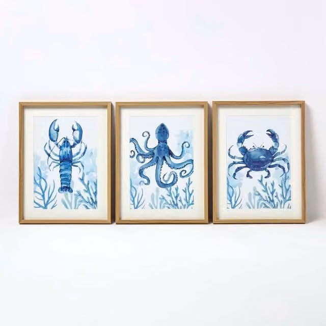 Homescapes Set of 3 Minimalist Blue Sea Animal Wall Art Illustrations in Blue, White and Green