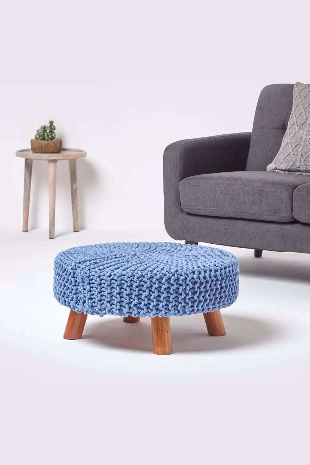Homescapes Large Round Blue Cotton Knitted Footstool on Wood Legs – 2