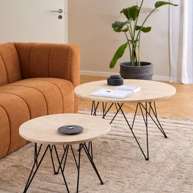 Furniture To Go Prunus Round Coffee Table in Matt Beige and Matt Black Coated Steel Base, W: 80 cm, D: 46.4 cm