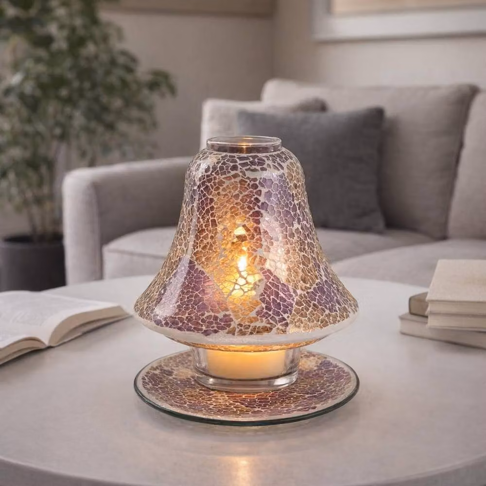 Aroma Accessories Purple and Gold Mosaic Crackle Glass Jar Candle Shade and Tray Set – 2