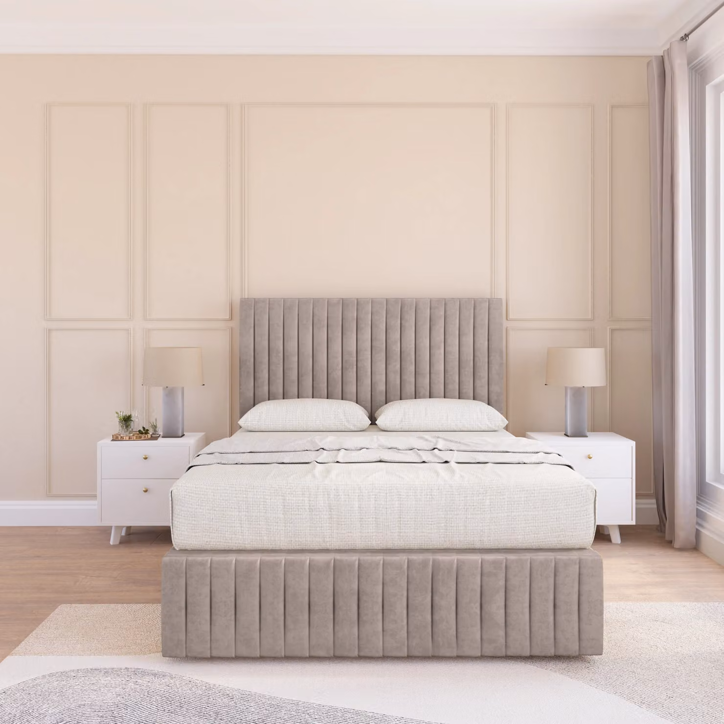 Sloomy Madison Upholstered Divan Bed Base with 12 inch Footboard and 54 inch Floor Standing Headboard, Beige or Grey, W/D/H: 120 x 200 cm