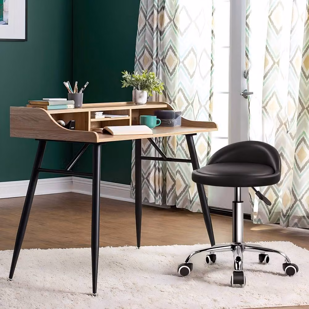 KKTONER Comfortable Black PU Leather Round Rolling Stool with Back Rest and 360 Degree Swivel – 3