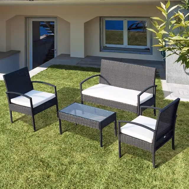 Outsunny 4-Piece Rattan and Metal Bistro Sofa Set with Glass Tabletop in Black