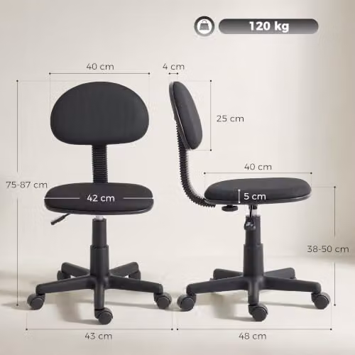 HOMCOM Black Fabric Armless Task Chair with 360 Degree Swivel and Castors – 3