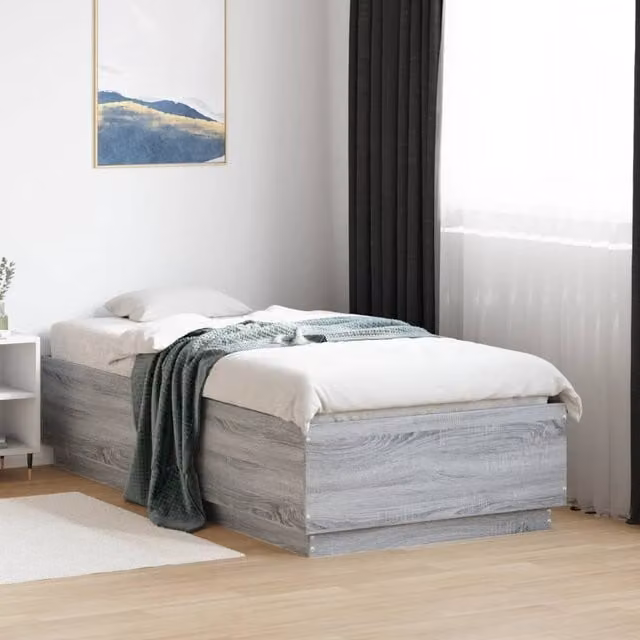 Berkfield Home Small Single Bed Frame in Grey Sonoma with LED Under-Bed Lighting and USB Charging Port, W: 75 cm, L: 190 cm – 1