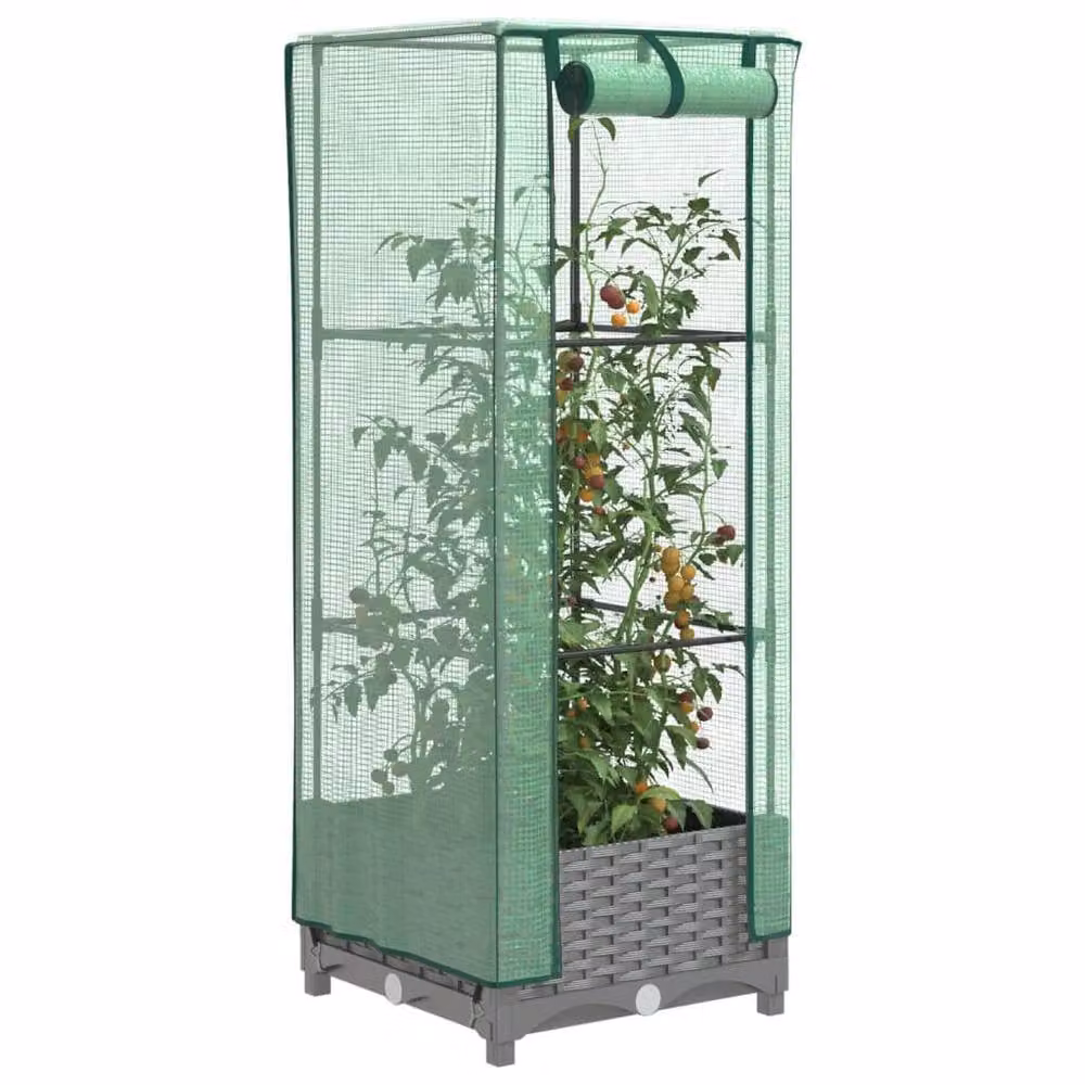 Berkfield Home Raised Bed with Greenhouse Cover in Light Grey Rattan Look, W/D/H: 40 x 40 x 123 cm – 2