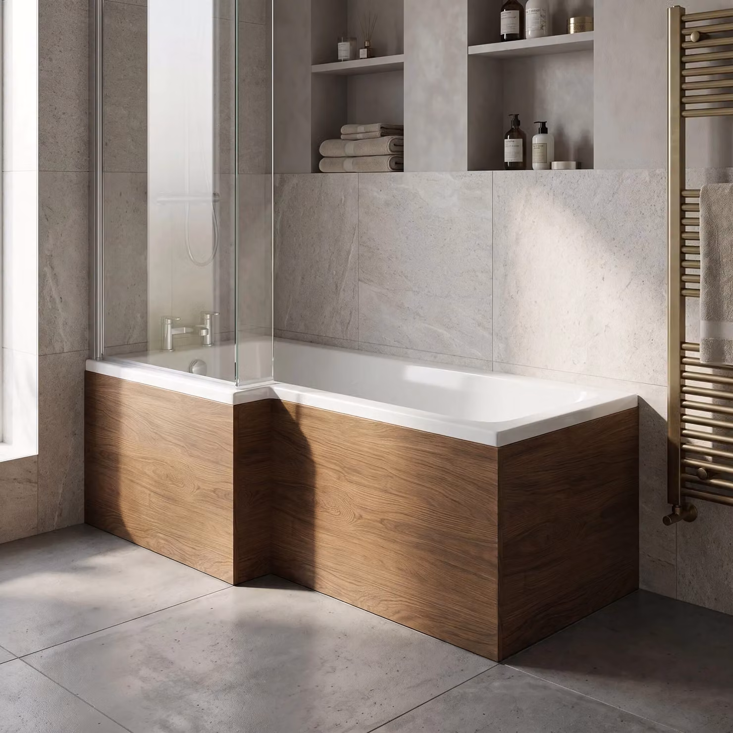 Balterley 1700mm Square L-Shape Shower Bath Front Panel in Antique Oak Brown – 1