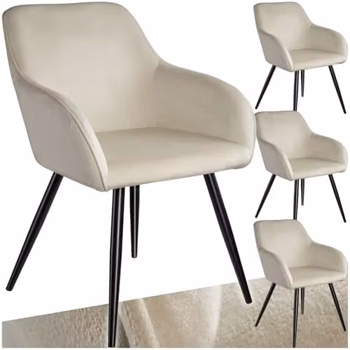 tectake Set of 4 Marilyn Dining Chairs in Cream Velvet with Black Metal Legs