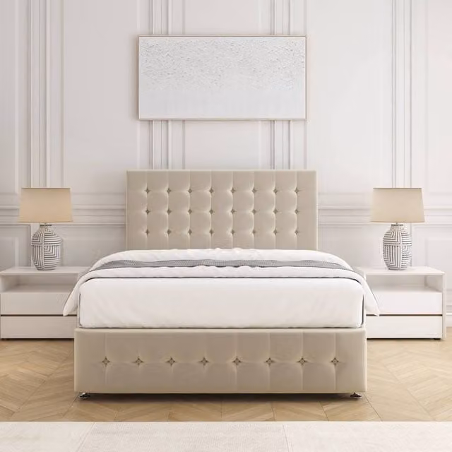 BSSPOKE Eva Divan Bed Set with 24 inch Headboard and Mattress in Beige Plush Velvet, Small Double, W/D/H: 120 x 200 cm