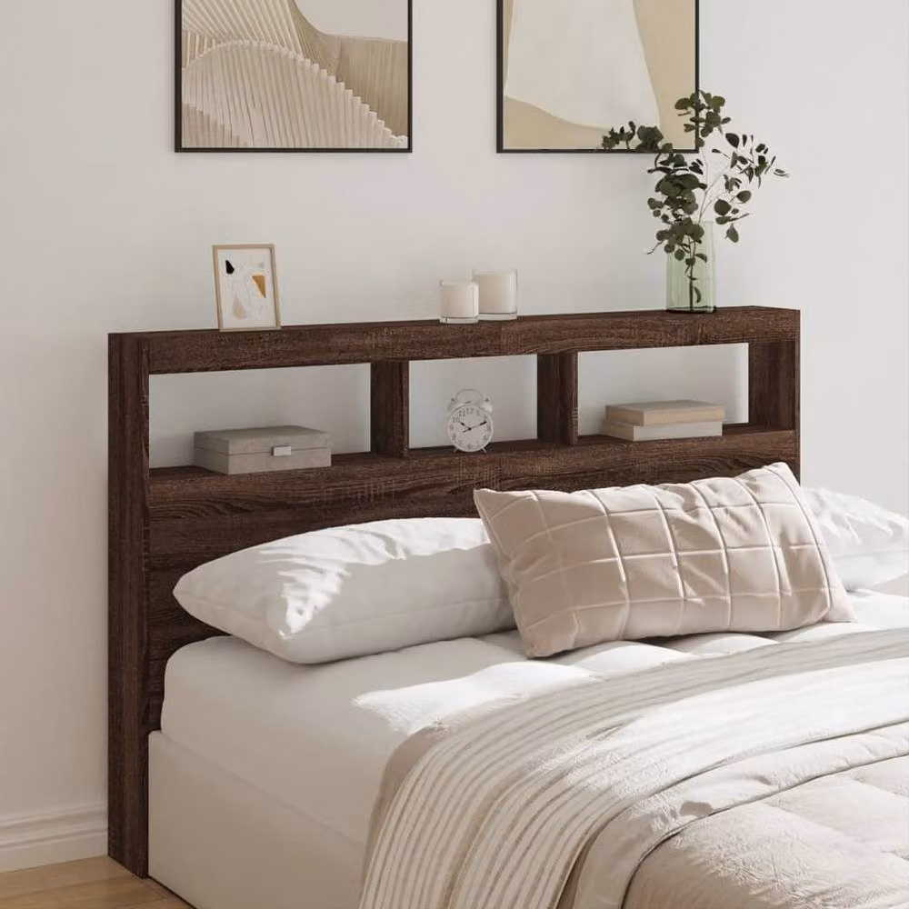 Berkfield Home Modern Wall Mount Headboard Cabinet with LED Lighting and USB Charging Port in Brown Oak, W/D/H: 160 x 17 x 102 cm – 2