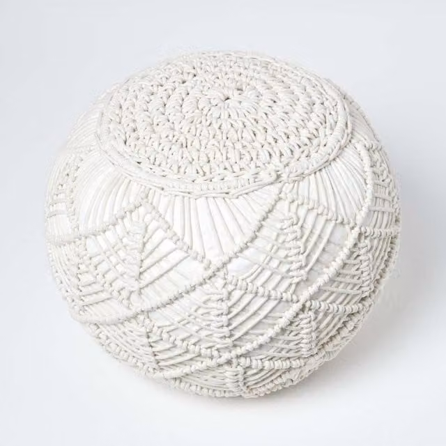 Homescapes Boho Cotton Macrame Knitted Pouffe in Beige, White and Silver, Diameter: 40 cm