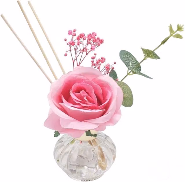 Kingsbury Gifts Velvet and Oud Reed Diffuser with Pink Artificial Rose and Glass Bottle Vase, 100ml