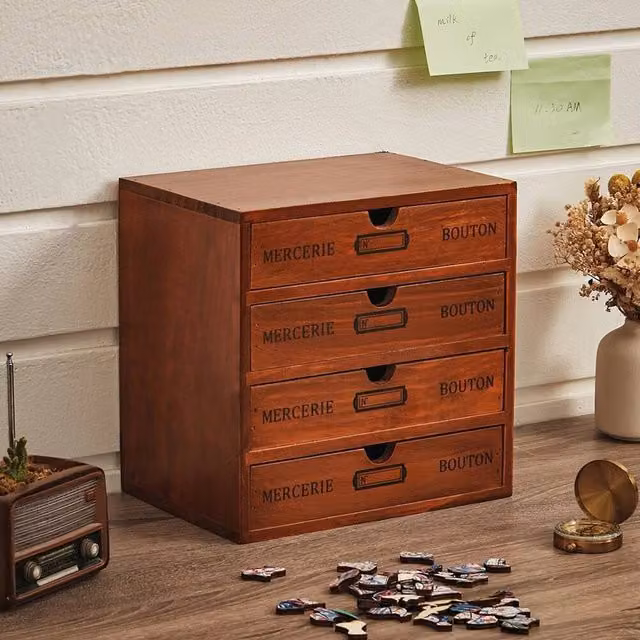 SPETLEK Large Vintage Brown Wooden 4 Drawer Desktop Office Storage Unit