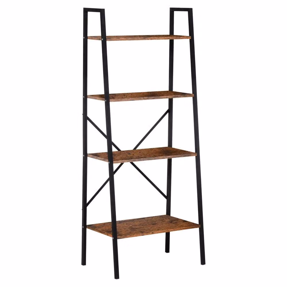 Pirlo Plush 4 Tier Freestanding Ladder Shelf for Living Room Storage, Rustic Brown, H 145 x W 60 x D 37.5 cm – 4