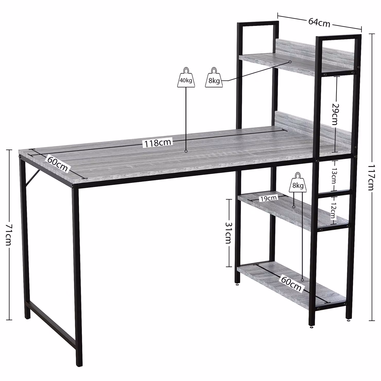 Vida Designs Brooklyn Large Computer Desk with 3 Shelves in Grey – 3