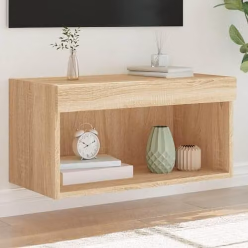 vidaXL Modern Wall Mounted TV Cabinet with Integrated LED Lights in Brown, W/D/H: 60 x 30 x 30 cm