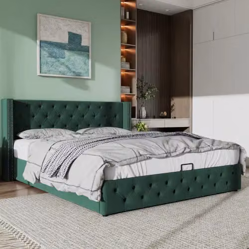 Matteo Luxury Green Velvet Upholstered Double Bed Frame with Hydraulic Ottoman Storage W: 135 cm, D: 190 cm – 2