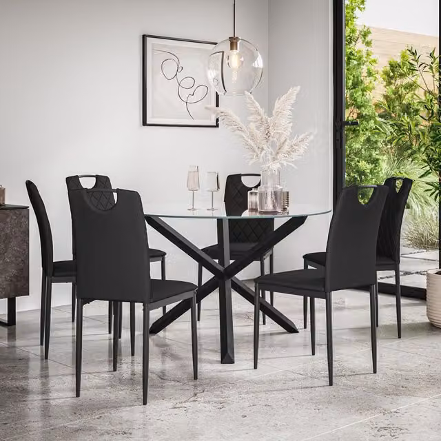 More4Homes Malvern Round Dining Table and Set of 6 Monza Faux Leather Chairs with Clear Glass Top and Black Oak Legs, Diameter: 120 cm, Height: 75 cm