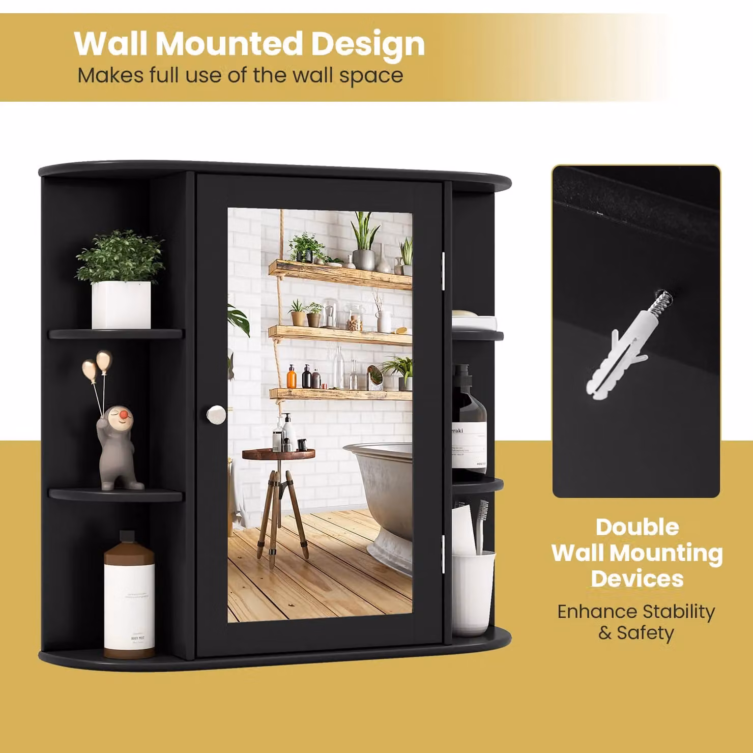 Gymax Black Mirrored Wall Mounted Medicine Cabinet with Adjustable Internal Shelves and Hinged Glass Doors – 3