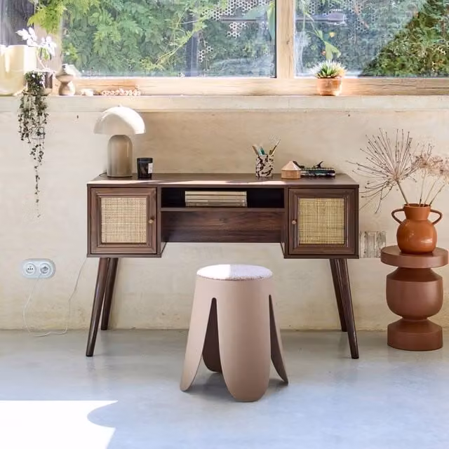 Sweek 2-door retro writing desk with wood and cane effect in brown, W/D/H: 120 x 55 x 76.5 cm