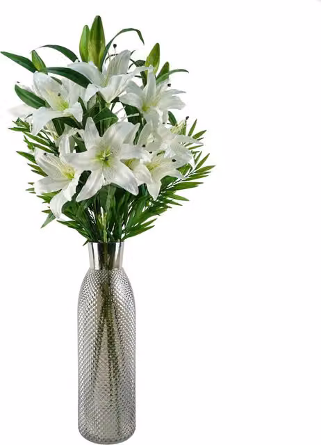 White Lily and Fern Geometric Glass Vase in White, Grey and Transparent, H: 16.0 cm, W: 16.0 cm, D: 16.0 cm