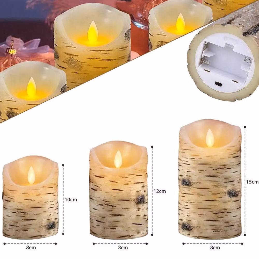 VOGREX Set of 3 White Real Wax Pillar LED Candles with Flickering Effect and Remote Control – 2