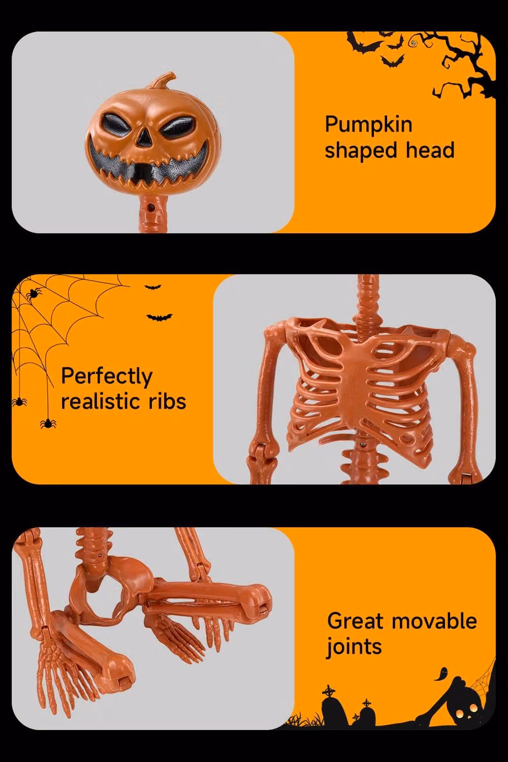 Garden Sanctuary Posable Halloween Pumpkin Skeleton Decoration in Orange – 4