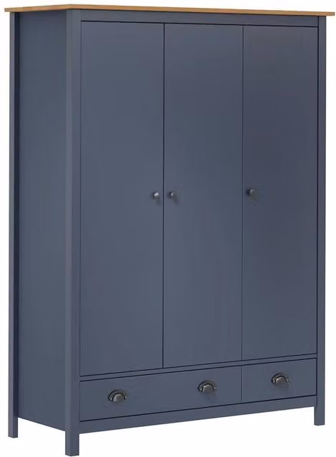 Berkfield Home Hill 3-Door Wardrobe in Grey and Dark Navy, Solid Pine Wood, W/D/H: 127 x 50 x 170 cm
