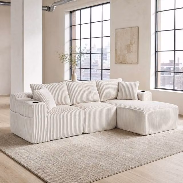 STILVORA Beige Modular L-Shape Sectional Sofa with Cup Holders and Sleeping Function – 1