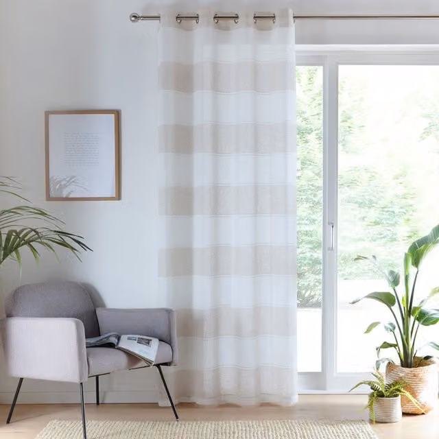 Terrys Santorini Slot Top Ready Made Single Voile Curtain in Natural Beige and White