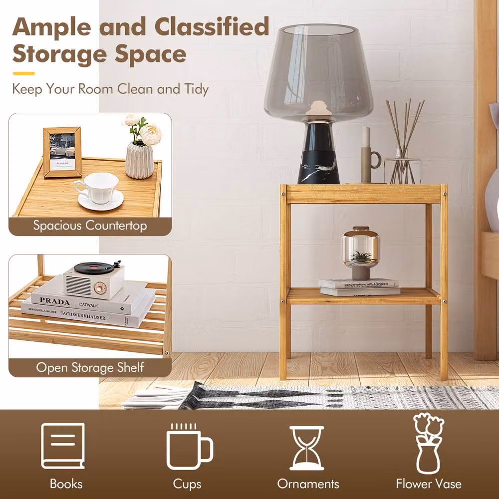 Costway Set of 2 Modern Bamboo Side Tables with Storage Shelf in Natural Brown – 4