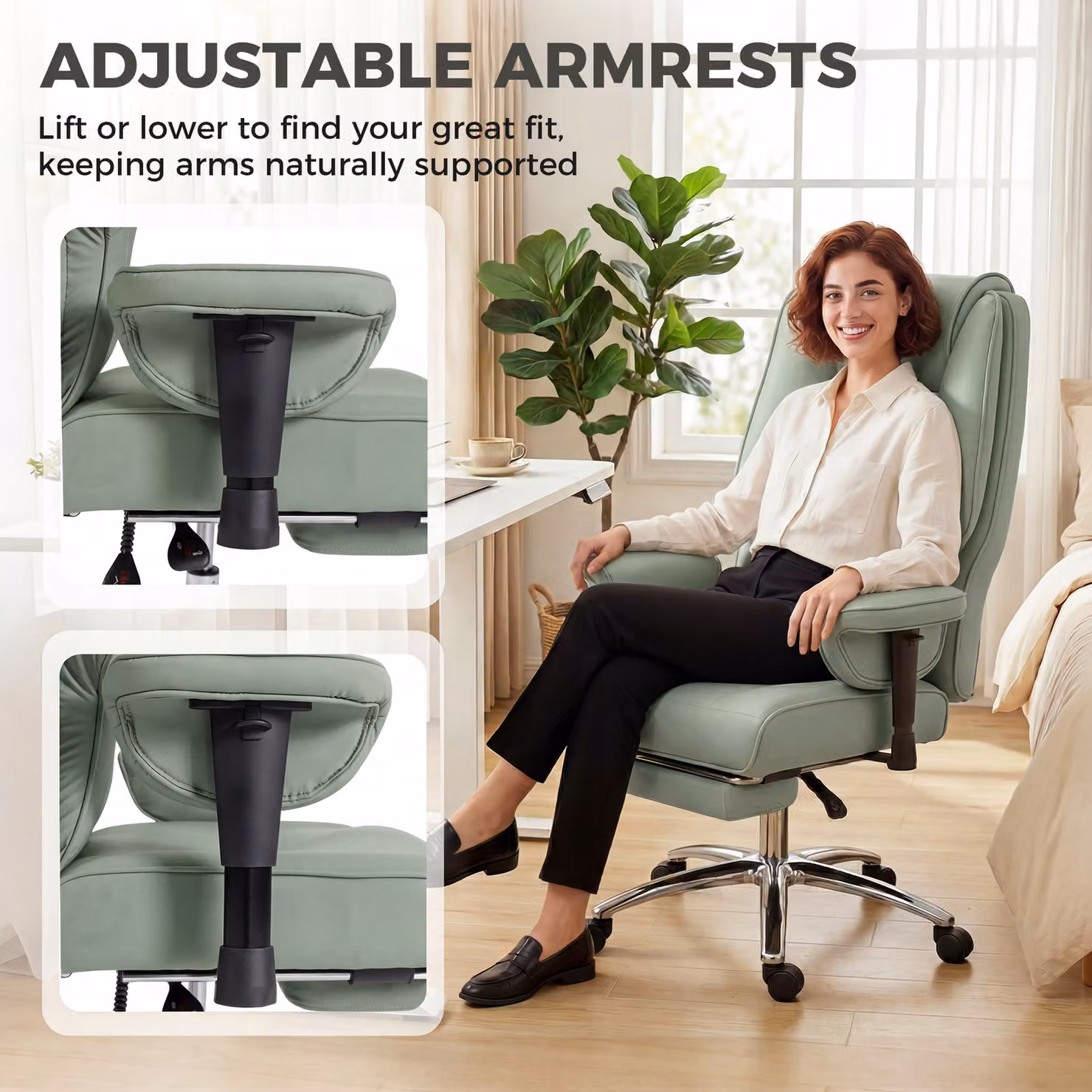 HOMCOM Executive Office Chair in Green with Footrest, Adjustable Armrests and Pet-Friendly Faux Leather – 4