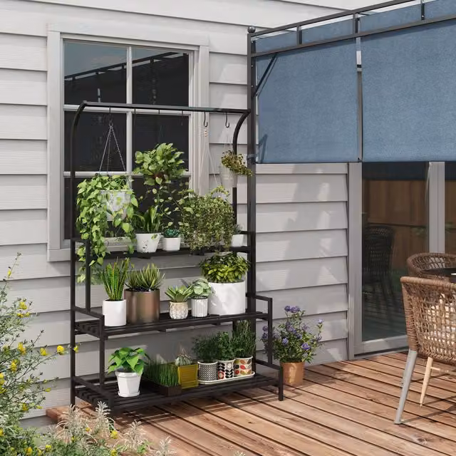 Outsunny 3 Tiered Black Plant Stand with Hanging Hooks for Indoor and Outdoor Use