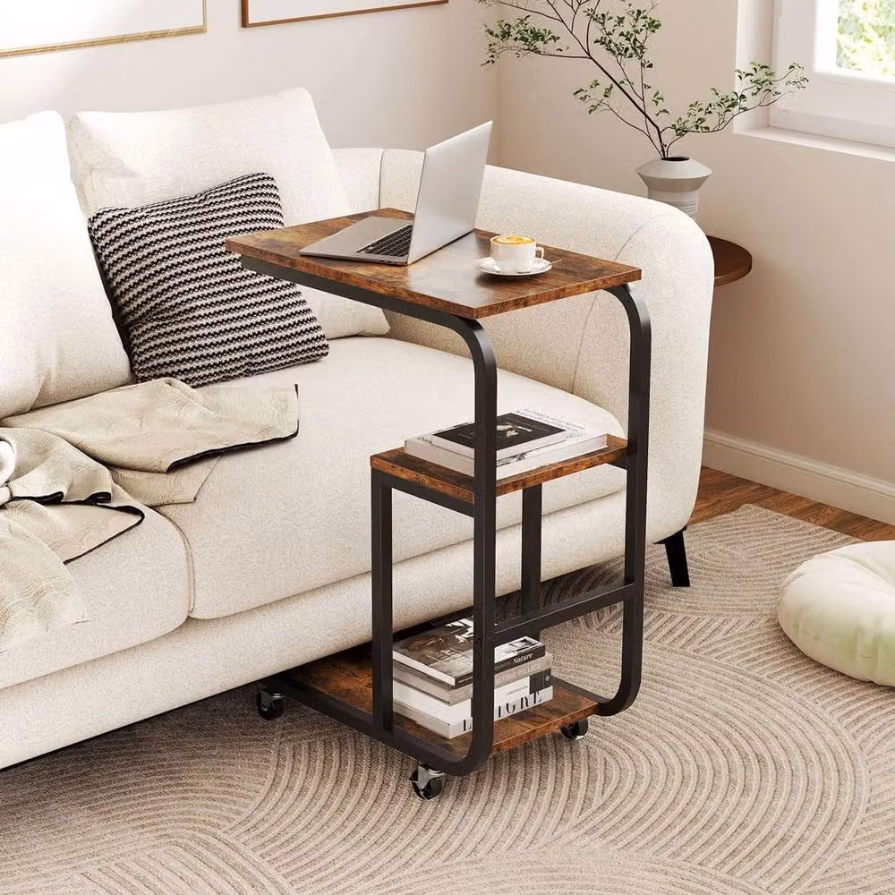 VOGREX 2-Pack Brown C-Shaped Metal Side Tables with Shelves and Castors – 4