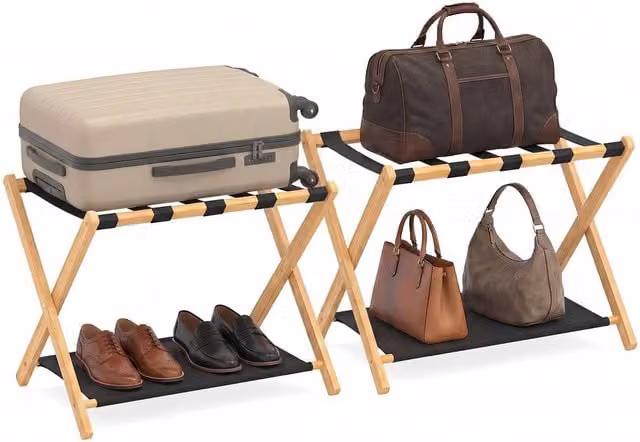 Gymax 2-Piece Bamboo Folding Luggage Racks with Storage Shelves in Brown
