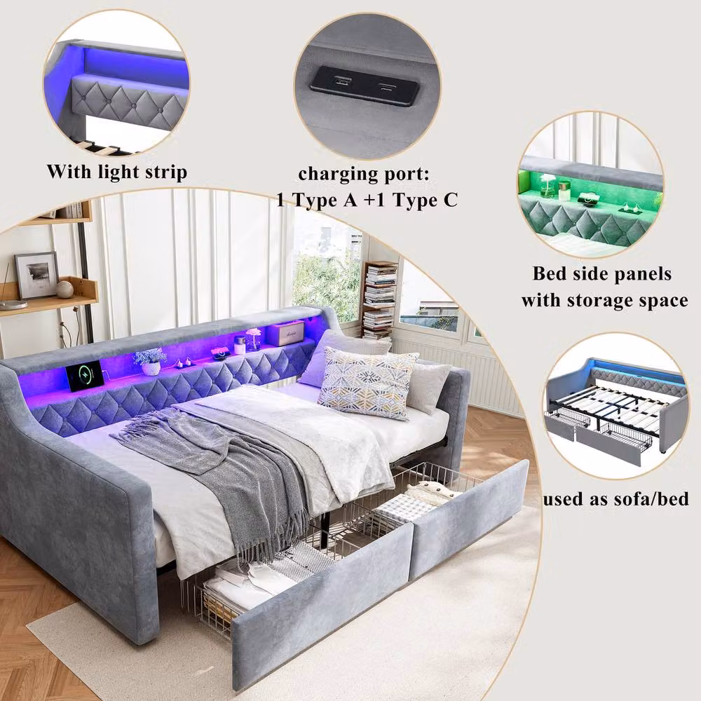 STILVORA Grey Velvet 3ft Single Bed Frame with USB Charging Port and Under-bed Lighting, W/D/H: 90 x 190 x 74 cm – 5