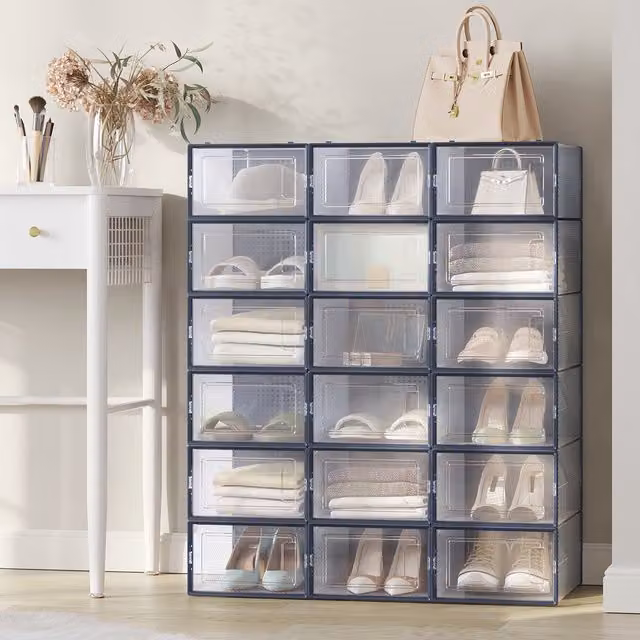 SONGMICS Stackable Transparent Blue Shoe Storage Boxes, W: 33.3 cm, H: 14 cm, D: 14 cm